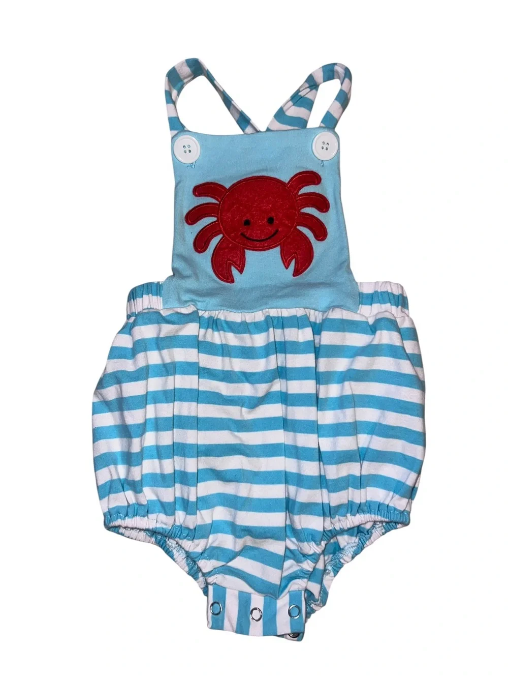 Striped Blue & White Baby Bubble Romper with Red Crab